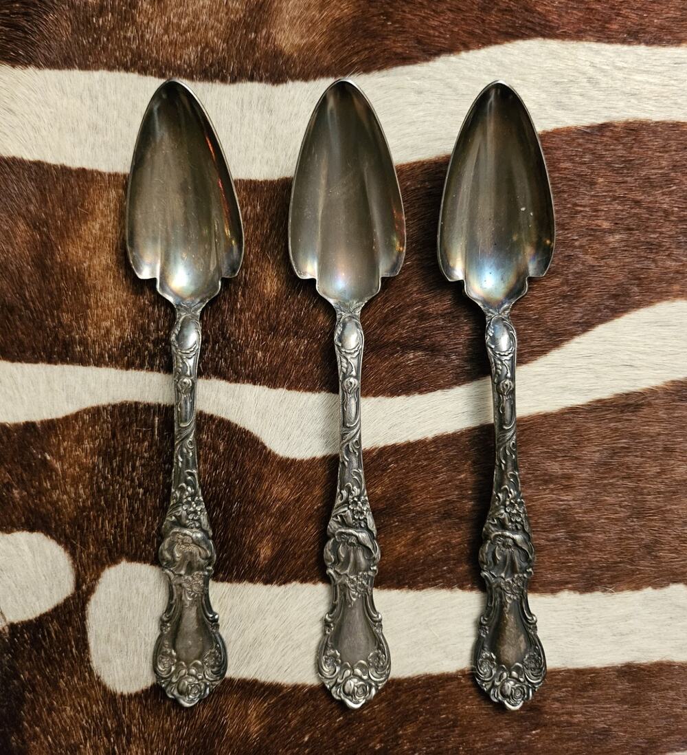 1835 R Wallace Floral Three Fruit Citrus Spoons Silverplate 1902